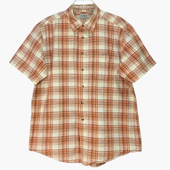 LL Bean Plaid Short Sleeve Button Down in Cream/Orange Men’s L - Picture 2 of 6